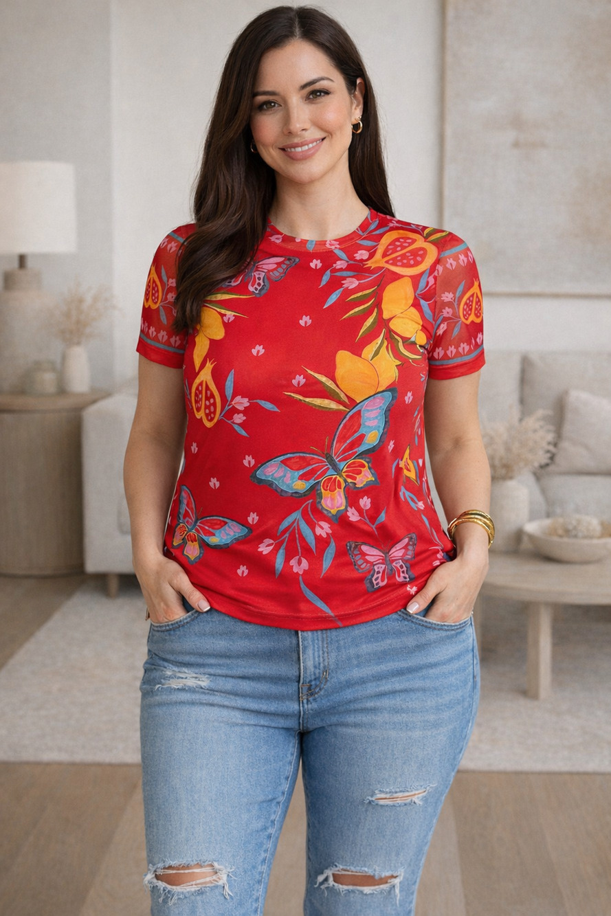 Johnny Was Eleanor Mesh T Shirt Size 2X Butterflies Red Colorful Boho Feminine